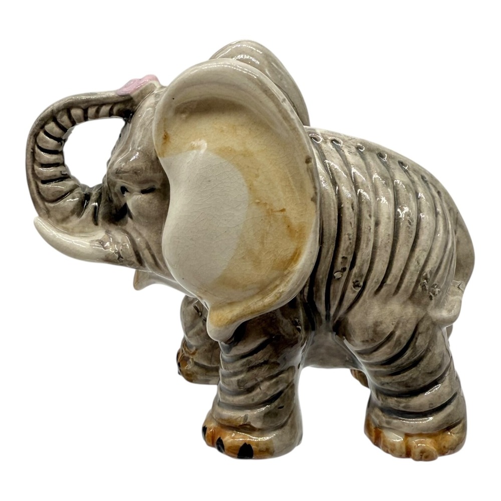 Vintage Japan Ceramic Elephant Figurine Trunk Up Hand Painted Mid Century Decor - Picture 2 of 8